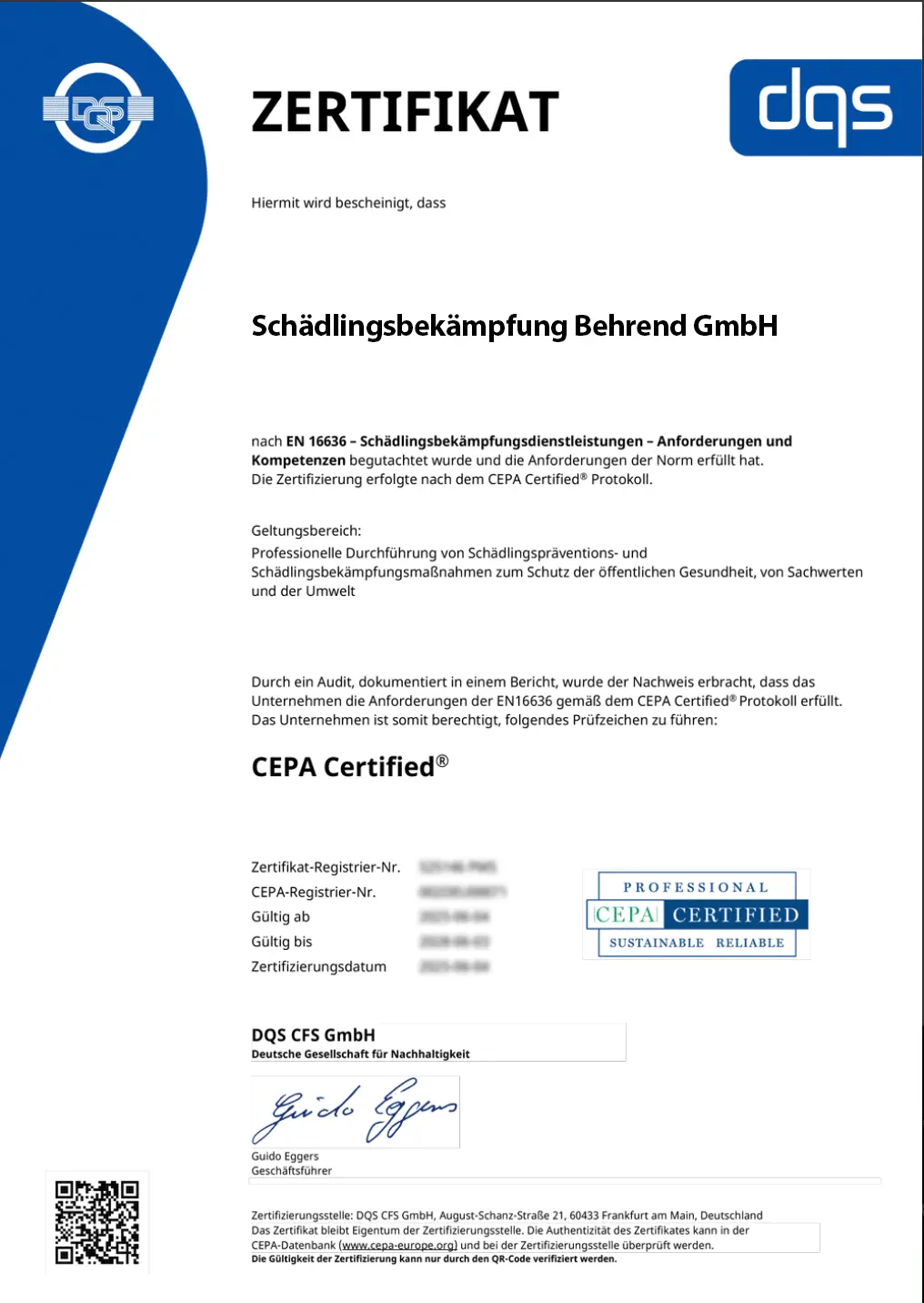 CEPA Certified – EN 16636 Schädlingsbekämpfung