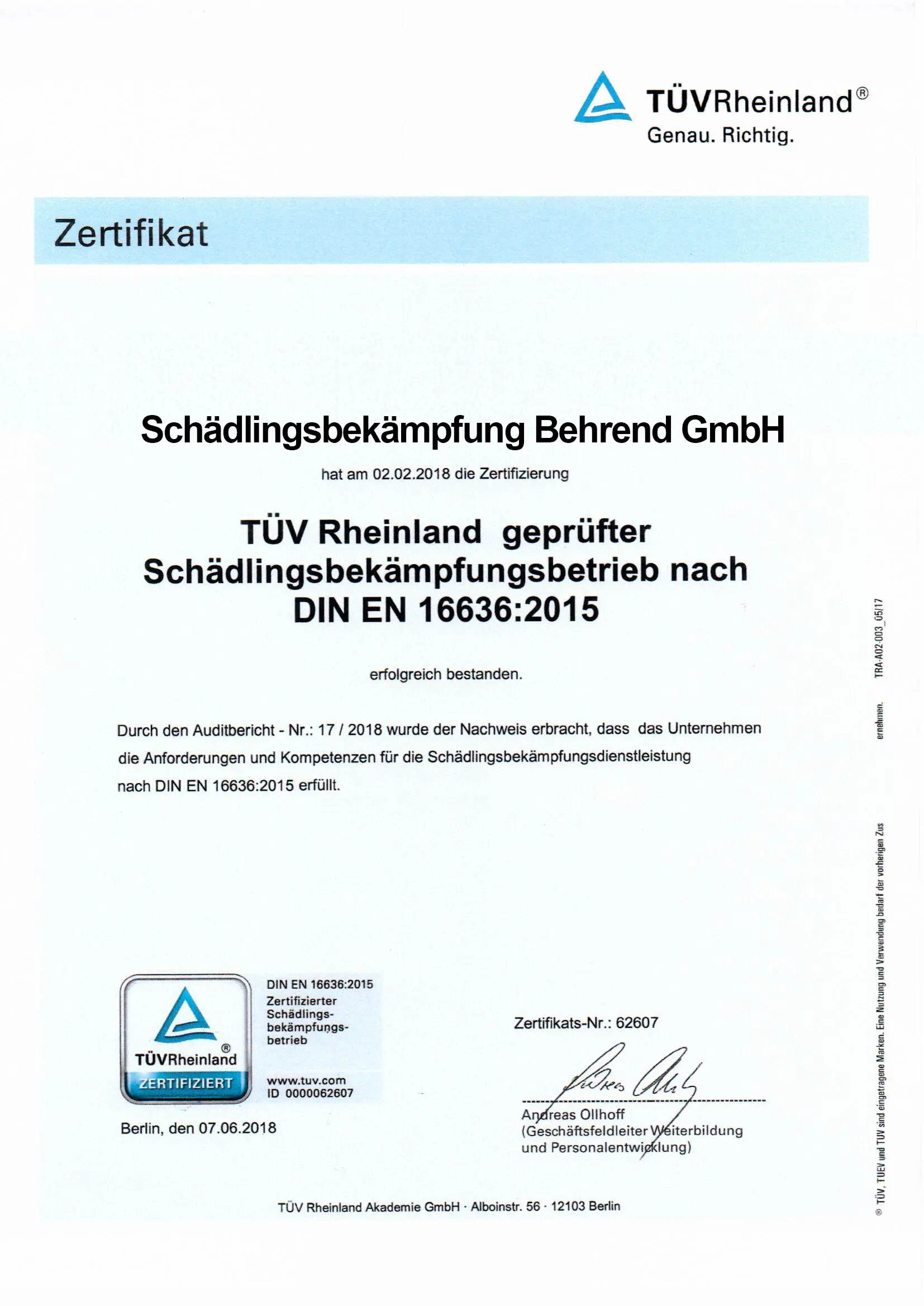 TÜV Rheinland Zertifikat – DIN EN 16636:2015