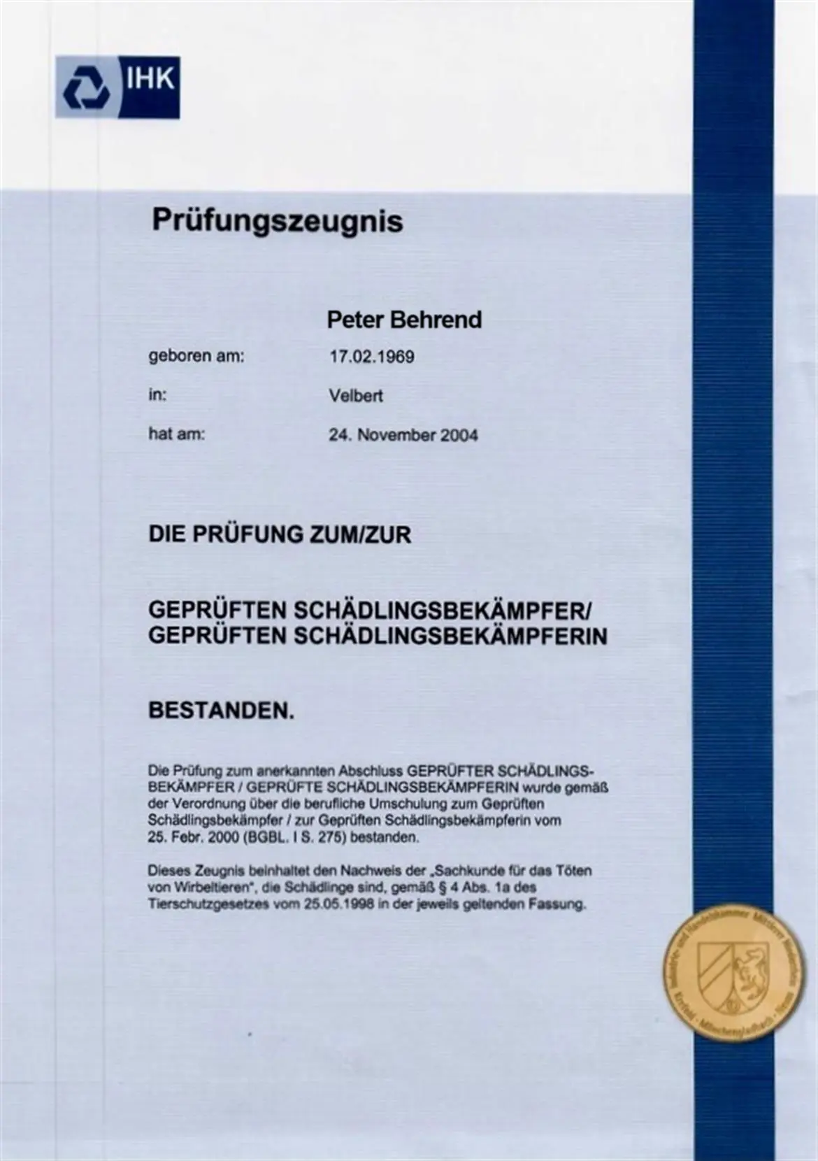 IHK Prüfungszeugnis – Geprüfter Schädlingsbekämpfer Peter Behrend