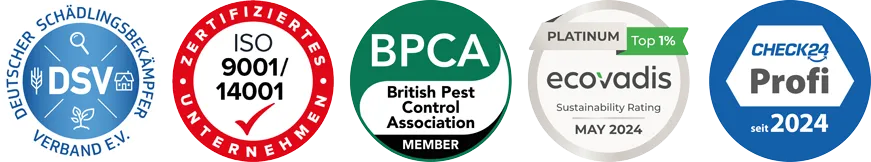 Zertifizierungen: DSV, ISO 9001/14001, BPCA Member, EcoVadis Platinum, CHECK24 Profi